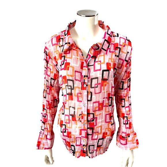 Essentials By Milano XL Pink Geometric Button Up Blouse Retro Cityworkcore - Picture 2 of 11
